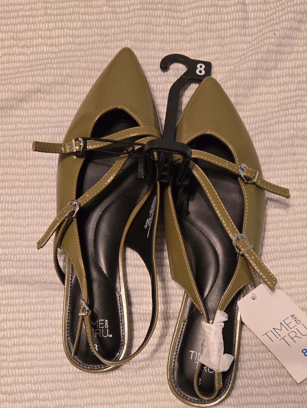 Olive Pointed-Toe Multi-Strap Flat Sling Backs.